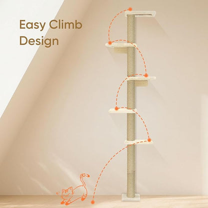 PAWSCRAT Wall-Mounted Cat Tree, 5 Tier Floor to Ceiling Cats Tower, 80 Inch Wall-Mounted Cat Scratching Post, Space Saving Cat Furniture and Easliy Climb for All Cats, Beige