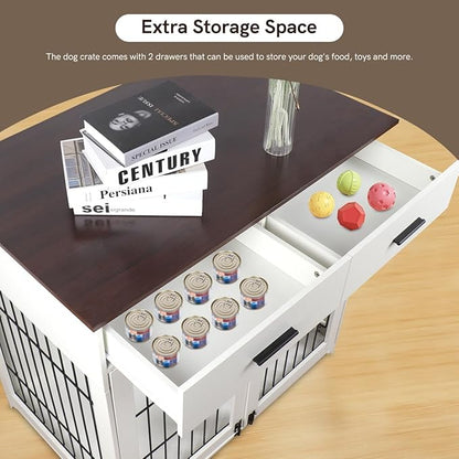 Snowtaros Dog Crate Furniture, 36.6 Inch Large Dog Crate with Drawers, Wooden Dog Kennel Indoor for Small Medium Large Dogs, Heavy Duty Dog Crate End Table with Double Doors