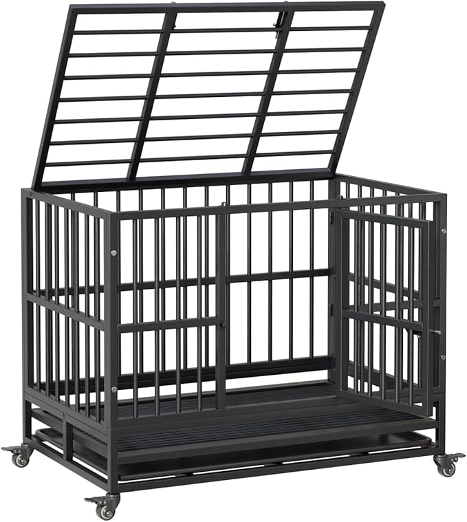 42inch Heavy Duty Indestructible Dog Crate Steel Escape Proof,Indoor Dog House High Anxiety Cage,Kennel with Wheels,Removable Tray