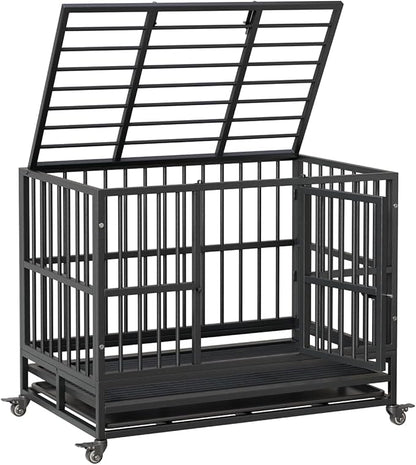 37 inch Heavy Duty Indestructible Dog Crate Steel Escape Proof,Indoor Dog House High Anxiety Cage,Kennel with Wheels,Removable Tray