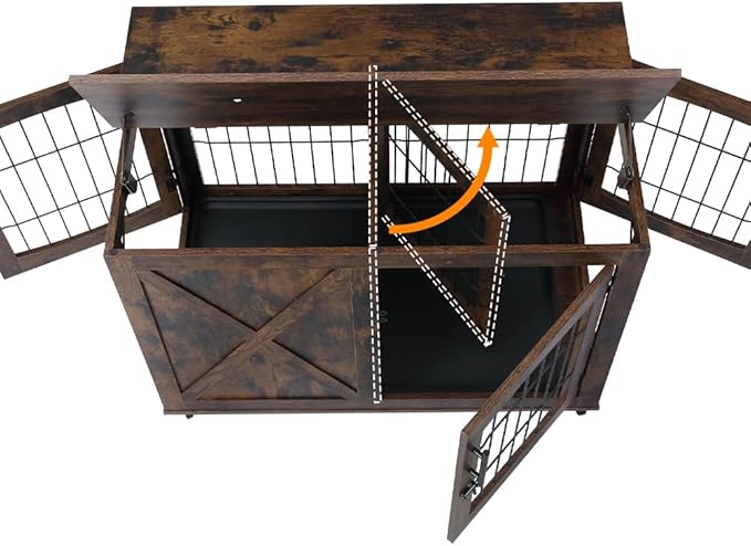 Wooden Dog Crate Furniture with Divider, Rustic Brown, 3 Doors Kennel with Tray, Easy Assembly, Anti-Slip, 130 lbs Weight Capacity