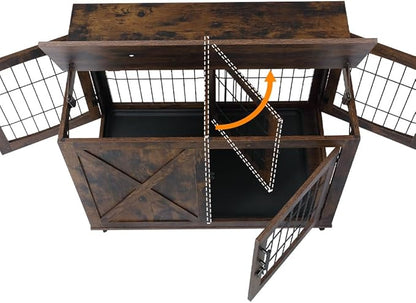 Wooden Dog Crate Furniture with Divider, Rustic Brown, 3 Doors Kennel with Tray, Easy Assembly, Anti-Slip, 130 lbs Weight Capacity