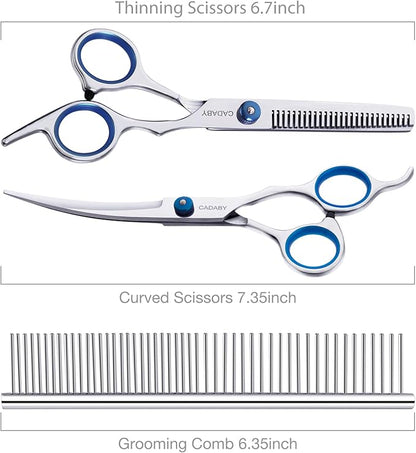 Dog Grooming Scissors,3 in 1 Dog Scissors with Safety Tips, Professional Stainless Steel Thinning Shears, Curved Pet Grooming Scissors Kit