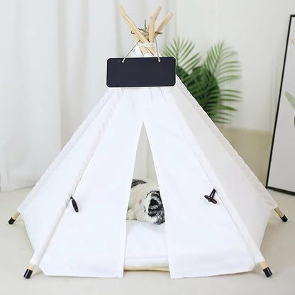 Dog and Cat Teepee Bed - Portable Pet Tent for Small Dogs and Indoor Cats, Removable & Washable With Cozy Cushion, Bunny Outdoor House (White, L)