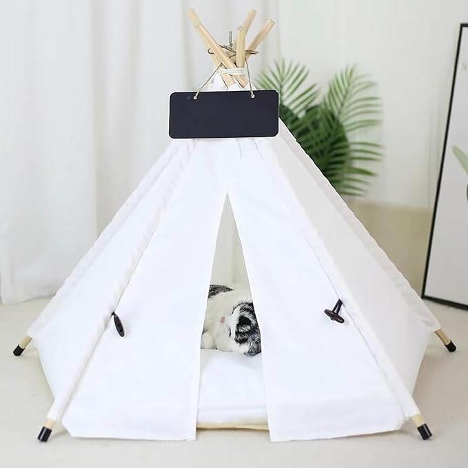 Dog & Cat Teepee Tent Bed - Portable Indoor/Outdoor Pet Tent with Cozy Cushion, Removable & Washable, White, M
