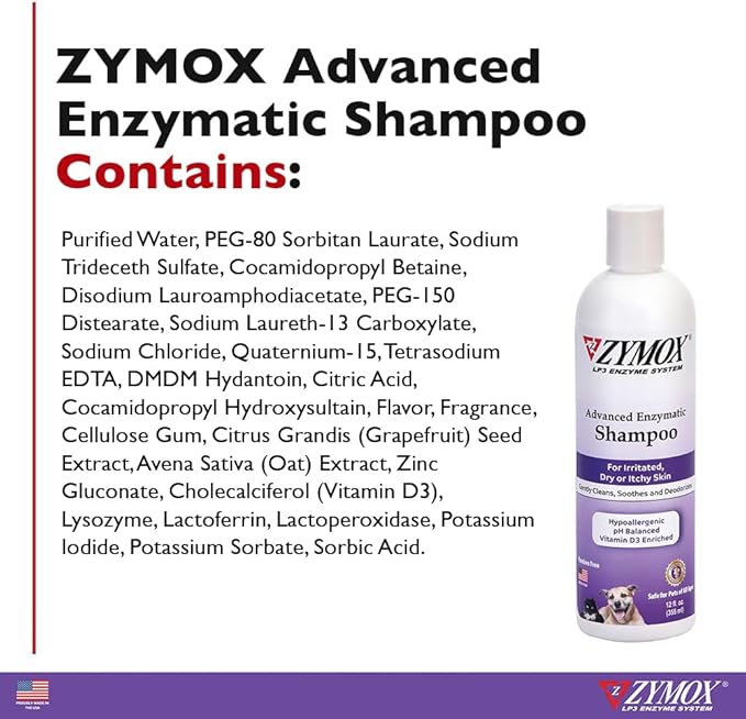 ZYMOX Advanced Enzymatic Shampoo, 12 oz - for Pets & Animals of All Ages: Cleans, Refreshes, Hydrates & Nourishes Dry Skin & Coat