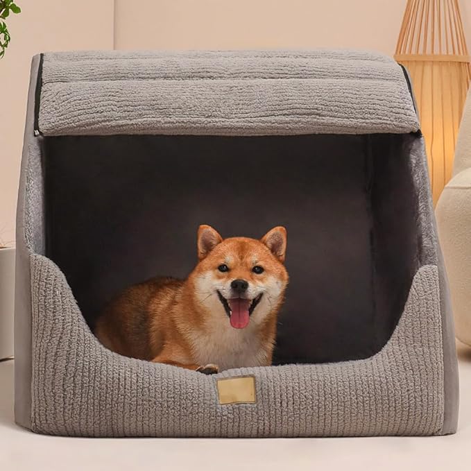 Large Dog House Indoor, Soft Plush Dog Cave Bed Covered Dog Bed with Fluffy Washable Cushion, Portable Dog/Cat Pet Tent House for Small Medium Dogs (Grey, Large)
