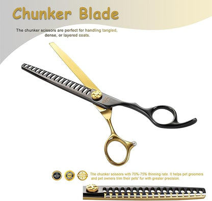 7'' Professional Chunker Dog Grooming Scissors with Decorative Screw Sharp and Durable Black and Golden 440C Stainless Steel Dog Texturizing Thinner Shears Easy Use for Groomers and Beginners.