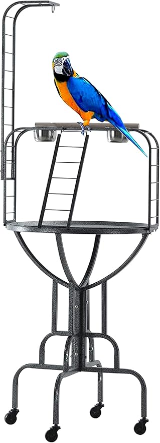 Elegant and Strong Durable Wrought Iron Parrot Bird Play Gym Ground Rolling Stand with Metal Climbing Play Ladder Easy Clean Removable Metal Pan Toy Hook Included