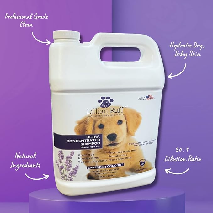 Lillian Ruff High Concentrate Professional Grooming Shampoo for Dogs with Hydrating Essential Oils  30:1 Concentration for Bathing System - Clean, Condition, & Deodorize Dry Sensitive Skin (Gallon)