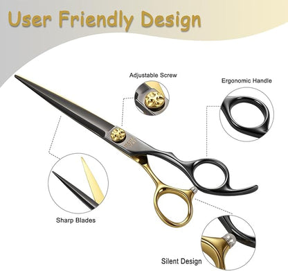 7.5'' Professional Straight Dog Grooming Scissors with Decorative Screw Sharp and Durable Black and Gold 440C Stainless Steel Dog Shears Easy Use for Groomers and Home user.