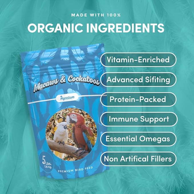 Mycelium Premium Macaw and Cockatoo Plus | High in Protein & Fat | Clean & Safe Food for Pet Birds | Seed Mix with Egg, Corn, Vitamins, Peanuts & Hemp Hearts | Organic & Non-GMO 5 lb Bag