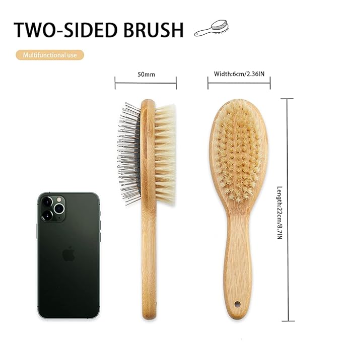 Double Sided Dog and Cat Brush - Bristle and Pin for Grooming, Real Boar Bristle With Bamboo Handle for Long Short Hair, 4 Pack Comb, Black+Yellow