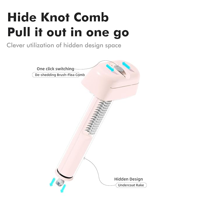 3 In 1 Pet Dematting Tool, Dog Flea Lice Combs for Grooming, Undercoat Rake & Dematting Comb for Detangling Matted or Knotted Undercoat Hair, Great for Short or Long-haired Dogs & Cats - Pink