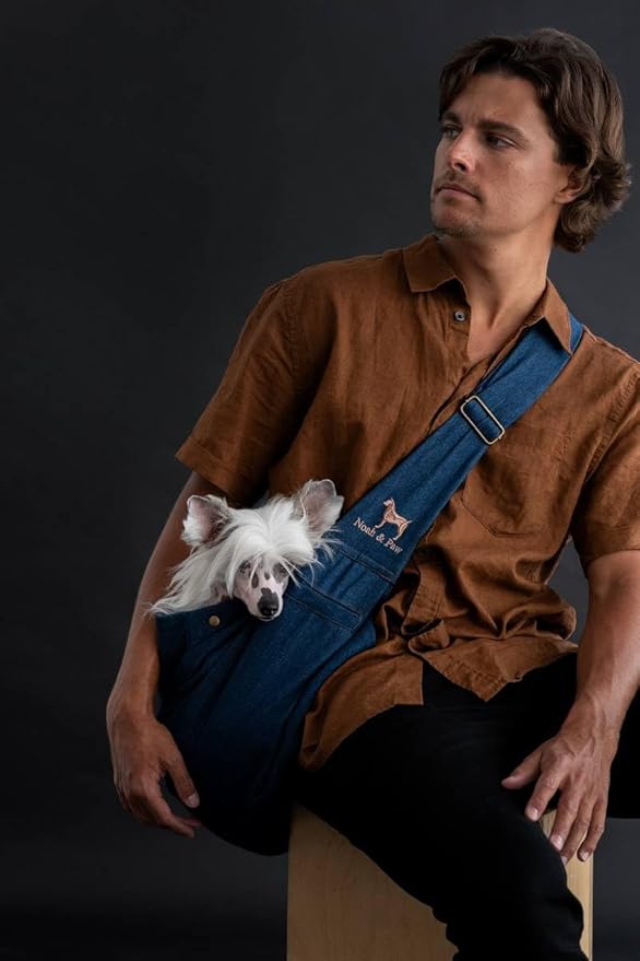 Noah & Paw Dog Sling Carrier for Small Dogs 5-18lb, Dog Sling for Small Dogs and Cats, Dog Carrier with Adjustable Padded Strap, Premium Denim, Lined with Fur, Double Safety Feature, Machine Washable