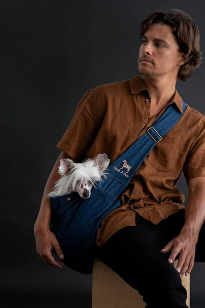 Noah & Paw Dog Sling Carrier for Small Dogs 5-18lb, Dog Sling for Small Dogs and Cats, Dog Carrier with Adjustable Padded Strap, Premium Denim, Lined with Fur, Double Safety Feature, Machine Washable