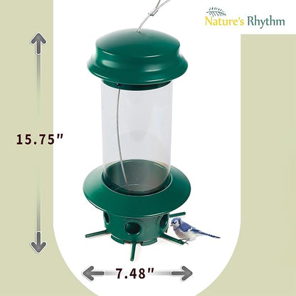 Nature's Rhythm Hanging Classic Tube Wild Bird Feeder Premium Hard Plastic Steel Hanger Weatherproof and Water Resistant