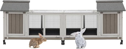 76.38"L Rabbit Hutch Indoor and Outdoor with 8 Wheels,Wooden Rabbit Cage with Pull Out Leak-Proof Tray for 2-4 Rabbits,Bunny Hutch with Asphalt Roof Suitable for Garden,Park,Living Room,Grey