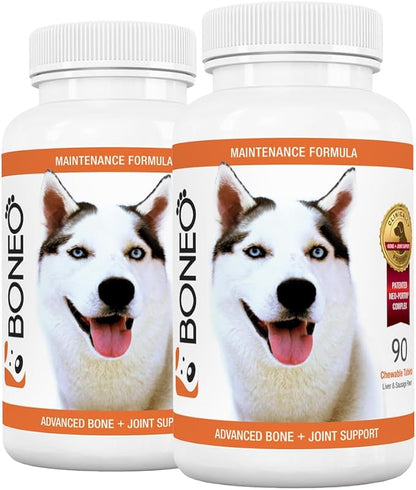 Boneo Canine Maintenance Formula - Lactoferrin-Based Bone and Joint Supplement for Dogs - 90 Ct Dual Pack Chewable Tablets, Liver and Sausage Flavor