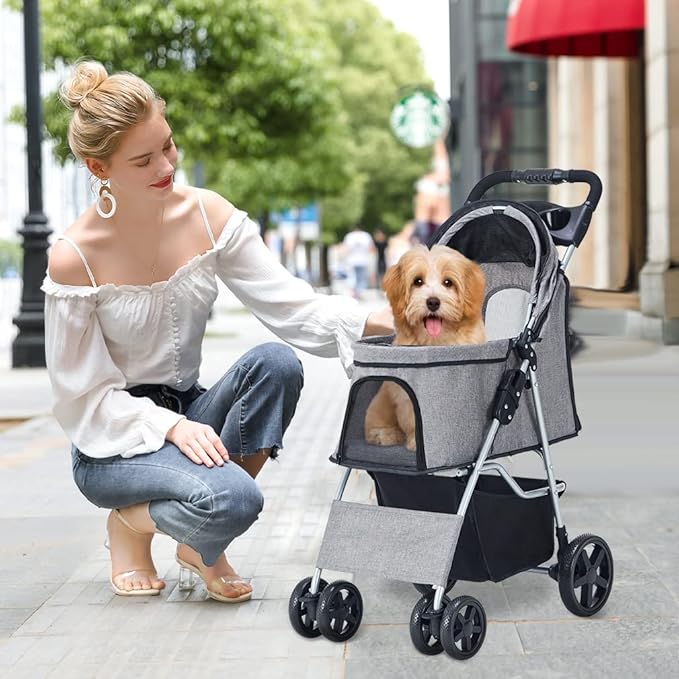 Pet Stroller, Cat Dog Stroller for Medium Small Dog with Storage Basket Foldable Lightweight Dog Carrier Trolley, 4 Wheel, Gray