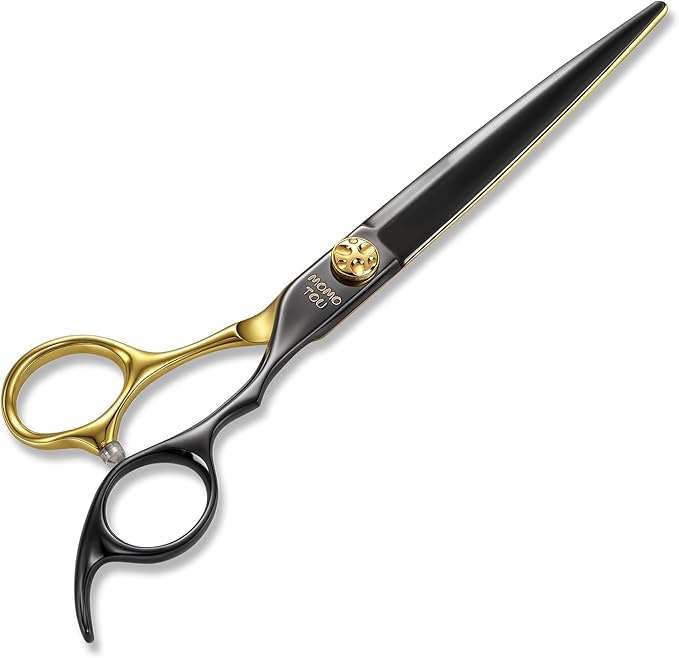 7'' Professional Straight Dog Grooming Scissors with Decorative Screw Sharp and Durable Black and Gold 440C Stainless Steel Dog Shears Easy Use for Groomers and Home user.