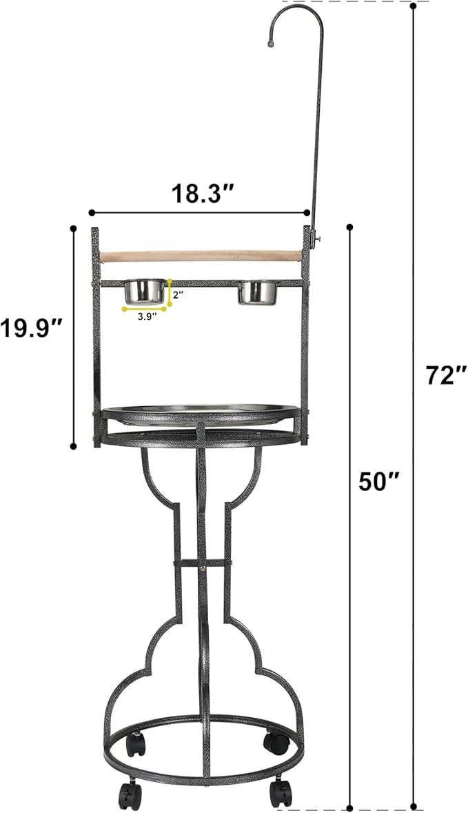 Parrot Stand Bird Perch Stand Bird Playstand with Easy Grip Tray Bowls Toy Hook Rolling Wheel Large Pet Gift Wrought Iron Play Ground Rolling Wheel (Black)