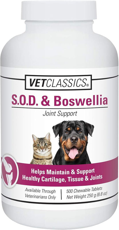Vet Classics S.O.D. & Boswellia Joint Support Supplement for Dogs, Cats – Dog Hip & Cat Joint Supplement – Alleviates Aches, Discomfort– for Flexibility, Healthy Joint Function - 500 Chewable Tablets