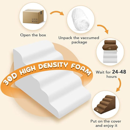 Mestuel Dog Stairs for High Bed 22.8'' H, 5 Steps Dogs Stairs for Bed, Pet Stairs for Small Large Dogs to Couch, Pet Ladder with High Density Foam, Non-Slip Balanced Dog Ramp, Brown