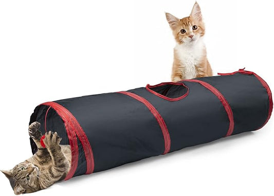 Sheldamy Cat Tunnel, 2-Way Collapsible Play Tunnel, Interactive Toy Maze for Small Animals, Red & Black