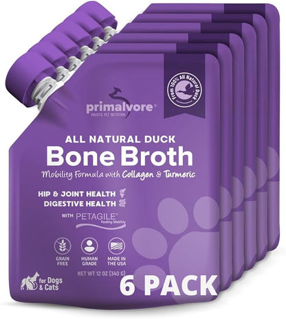 Primalvore All-Natural Duck Bone Broth for Dogs &Cats, Mobility Formula w/Collagen Peptides for Hip & Joints, Digestion, Skin & Coat and Hydration. Grain Free, Human Grade, Made in USA. Duck 6 Pack