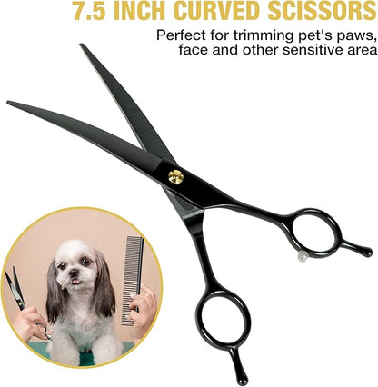 Dog Grooming Scissors Kit with Blunt Tips, 5 in 1 Professional Dog Shears for Grooming, 4CR Stainless Steel Pet Scissors, Black, Suitable for Both Hand