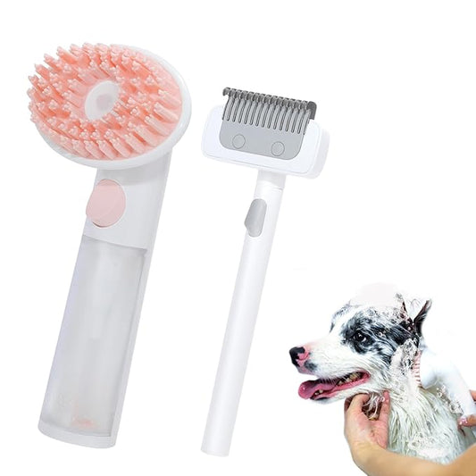 2PC Dog Bath Brush w/Soap Dispenser - Deshedding & Massage for Dogs/Cats (Pink)