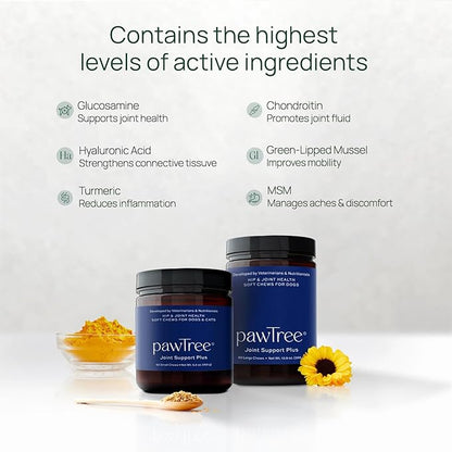 pawTree Joint & Hip Support Supplement for Dogs & Cats with Glucosamine, Chondroitin, MSM, Tumeric & Green Lipped Mussels - Vitamins & Health Essentials - All-Natural Mobility Soft Chews