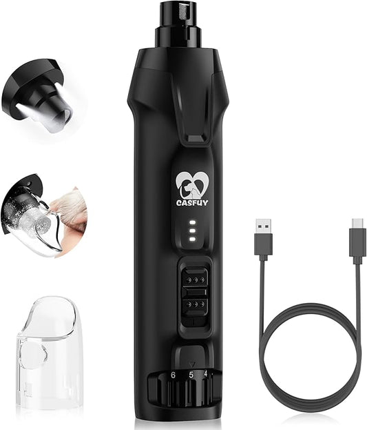 Casfuy 6-Speed Dog Nail Grinder  50%+ Boost Power Dog Nail Trimmers Quiet with Dust Cap & 2 LED Lights & 2000mAh Battery & 4.8V Motor Electric Pet Toenail File Tool for Large Medium Small Dogs Cats