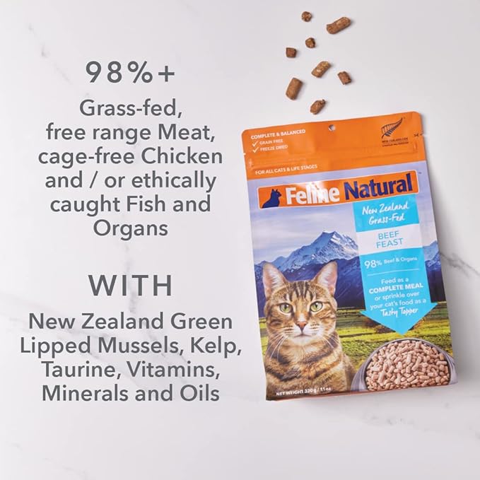 Feline Natural High Protein Dry Cat Food, Freeze-Dried Diet with 98% Meat, Organs & Seafood, No Peas, Grains, or Artificial Additives, Made in New Zealand Beef & Hoki, 3.5oz (Pack of 2)