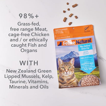 Feline Natural High Protein Dry Cat Food, Freeze-Dried Diet with 98% Meat, Organs & Seafood, No Peas, Grains, or Artificial Additives, Made in New Zealand Beef & Hoki, 3.5oz (Pack of 2)