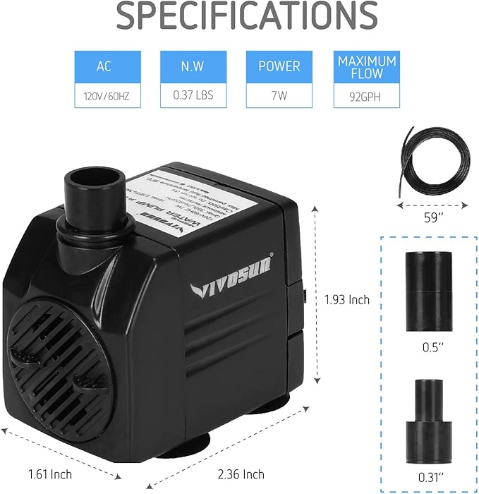 VIVOSUN 120GPH Submersible Pump(450L/H, 6W), Ultra Quiet Water Pump with 3.1ft High Lift, Fountain Pump with 5ft Power Cord, 2 Nozzles for Fish Tank, Aquarium, Statuary, Hydroponics