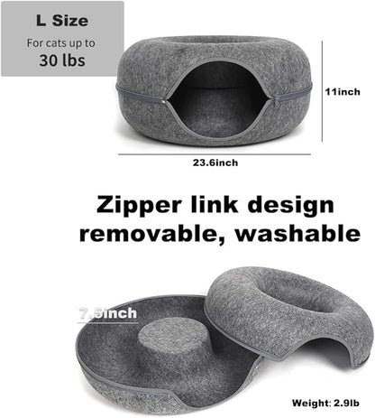 Large Cat Tunnel Bed for Indoor Cats with 3 Toys, Scratch Resistant Donut Cat Bed, Up to 30 Lbs (L 24x24x11, Dark Grey)