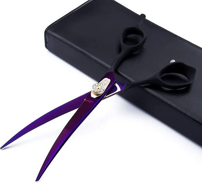 Dream Reach 7.0 inches Professional Decompressed Elastic Handle Pet Grooming Scissors Set,Straight & Chunker & 2 Curved scissors 4pcs set for Dog grooming (Purple) (Down-curved Scissor)