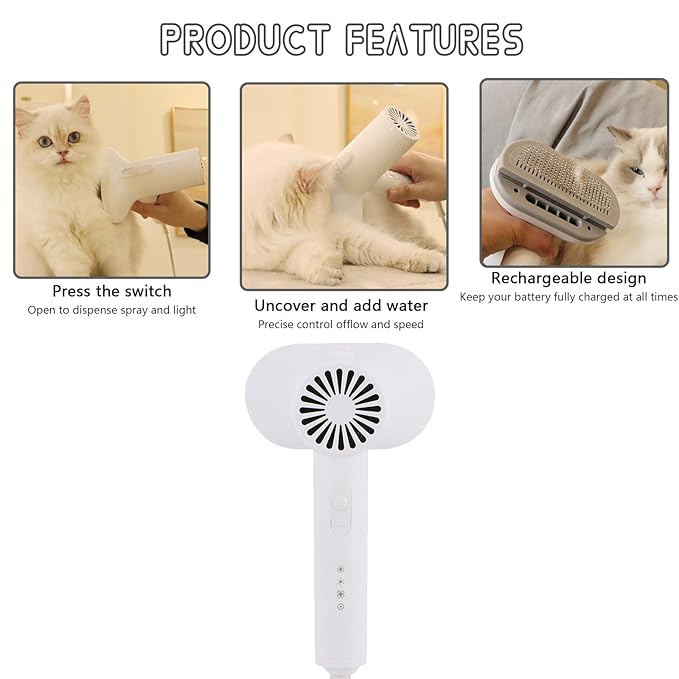2-in-1 Dog Hair Dryer and Brush - Low Noise Operation, Overheating Protection, 3 Temperature & Airflow Settings, Self-Cleaning Button - Ideal Dog Brush for Short Haired Dogs (White)