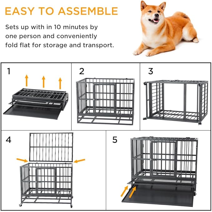 37 inch Heavy Duty Indestructible Dog Crate Steel Escape Proof,Indoor Dog House High Anxiety Cage,Kennel with Wheels,Removable Tray