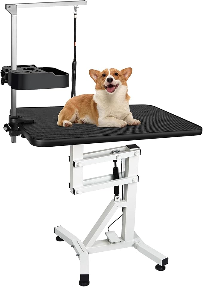 31" Dog Grooming Table, Pneumatic Lift Adjustable Small Pet Trimming Station for Home with Anti-Skid Rubber and Rotatable Desktop ï¼_p to 50lbsï¼