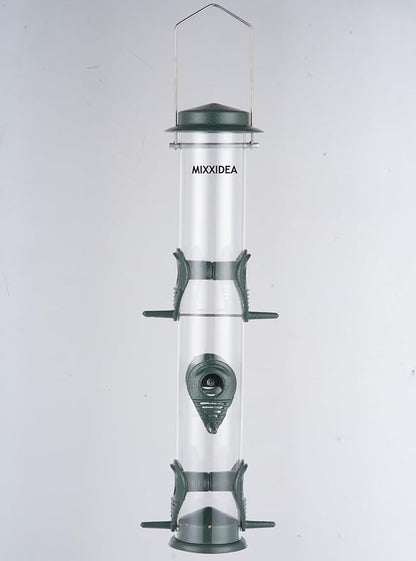 MIXXIDEA 1PK Metal Bird Feeders with 6 Feeding Ports,Tube Bird Feeder with Steel Hanger,Hard Plastic Wild Bird Feeder for Outdoors Hanging, Attracting Birds in Your Lawn, Garden, Balcony–Green