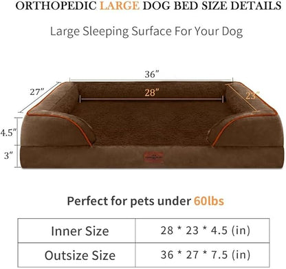 Large Dog Beds Orthopedic Foam, Waterproof Dog Beds for Large Dogs, Comfy Pet Bed Sofa with Washable Removable Cover & Non-Slip Bottom(Large,Chocolate Brown)