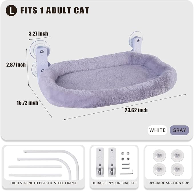 Cat Window Perch with Strong Suction Cups, 55lbs Hold Weight Tested, Foldable Cat Window Hammock Bed with Breathable Mesh, All-Season Lounger for Medium Small Cats to Bird Watch & Sunbathe (Grey, L)