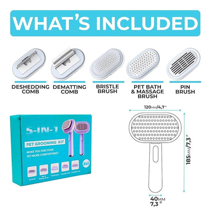 Professional 5 in 1 pet grooming kit, interchangeable bath & massage pet brush, dematting & deshedding comb for dogs, bristle dog brush and pin brush, dog and cat grooming supplies