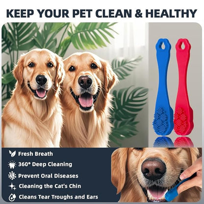 4PCS Dog Bath Brush | Scrubber for Bath | Shampoo Brush | Toothbrush | Finger Toothbrush | Dog Shower/Washing Brush with Adjustable Ring Handle - Pet Bath Supplies (Blue Red)