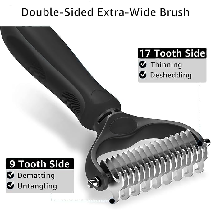 YINGFAN Pet Grooming Combo, Double-Sided Dematting Deshedding Undercoat Rake for Dogs and Cats, Extra Wide Dog Brush for Shedding (Black)