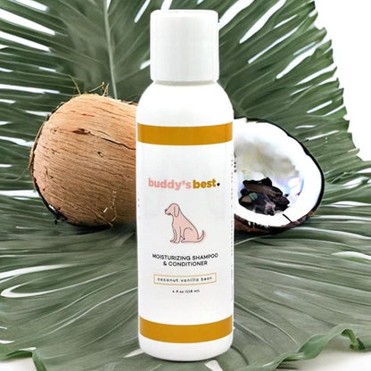 Buddy’s Best 4oz Travel-Size Dog Shampoo and Conditioner with Shea Butter, Oatmeal, Biotin, and Aloe Vera, Alcohol-Free Deep Moisturizer for Dry, Itchy Skin and Coats (Coconut Vanilla Bean)
