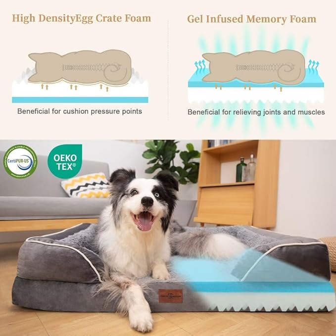 Cooling Dog Bed, Orthopedic Memory Foam Dog Bed, Dog Beds for Extra Large Dogs, XL Dog Bed with Removable Cover, Waterproof Pet Bed Large with Bolster(X-Large,Silver Grey)
